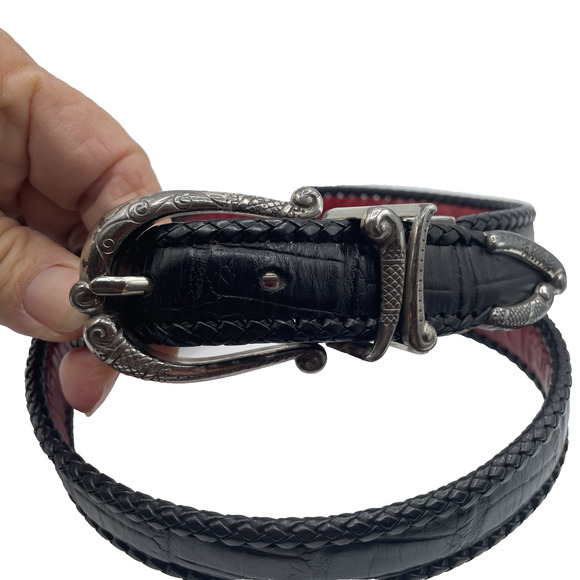 Brighton Reversible Leather Belt Size 32 Black & Red Croc Embossed Pattern - Picture 3 of 10